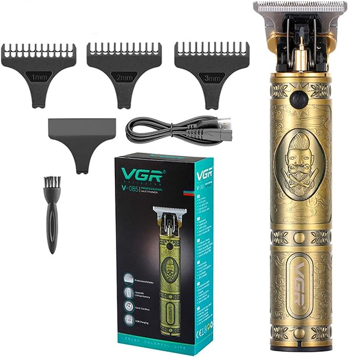Gold and black hair trimmer with attachments and packaging on a white background